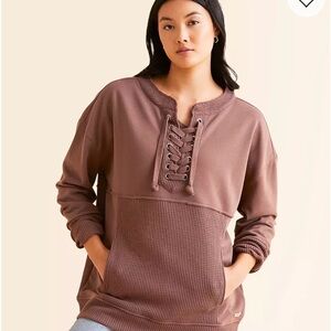 BKE Pieced Lace-Up Brown Pullover Top